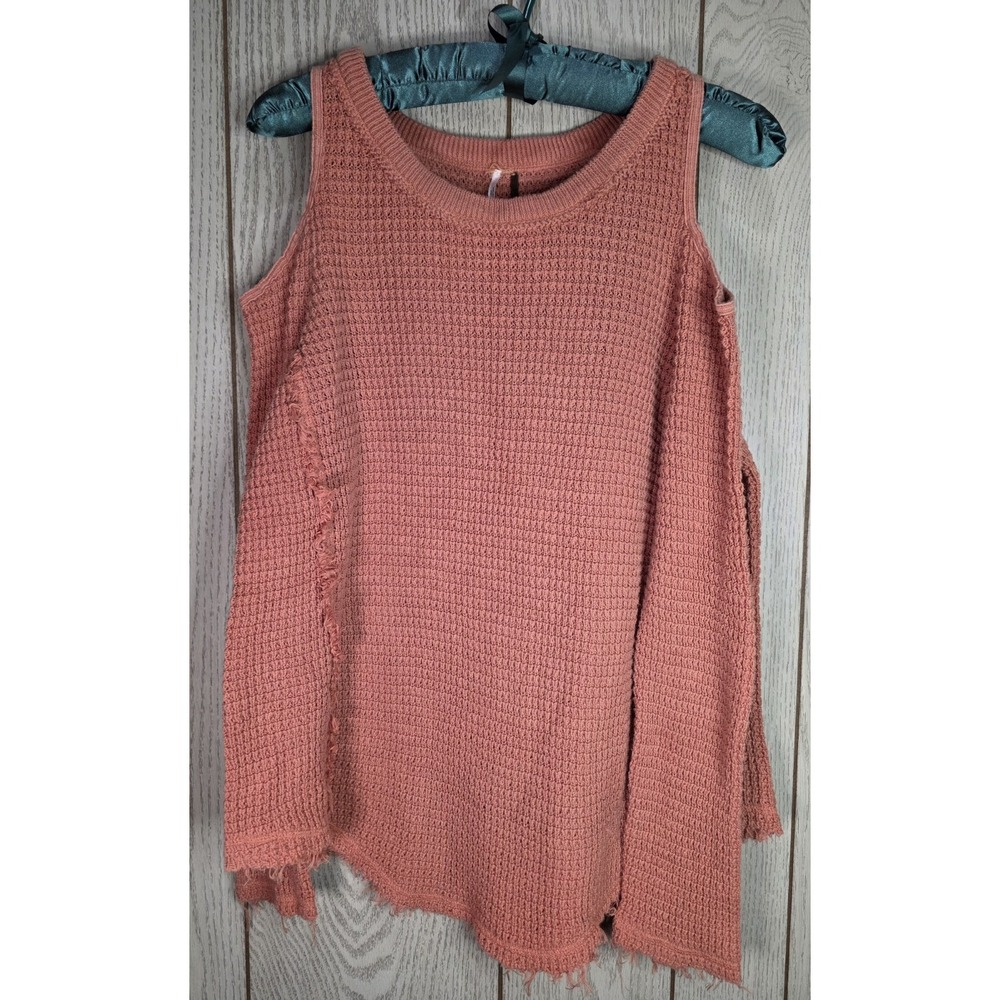 Free People Cold Shoulder Waffle Knit Sweater Coral Pink Frayed Hem XS